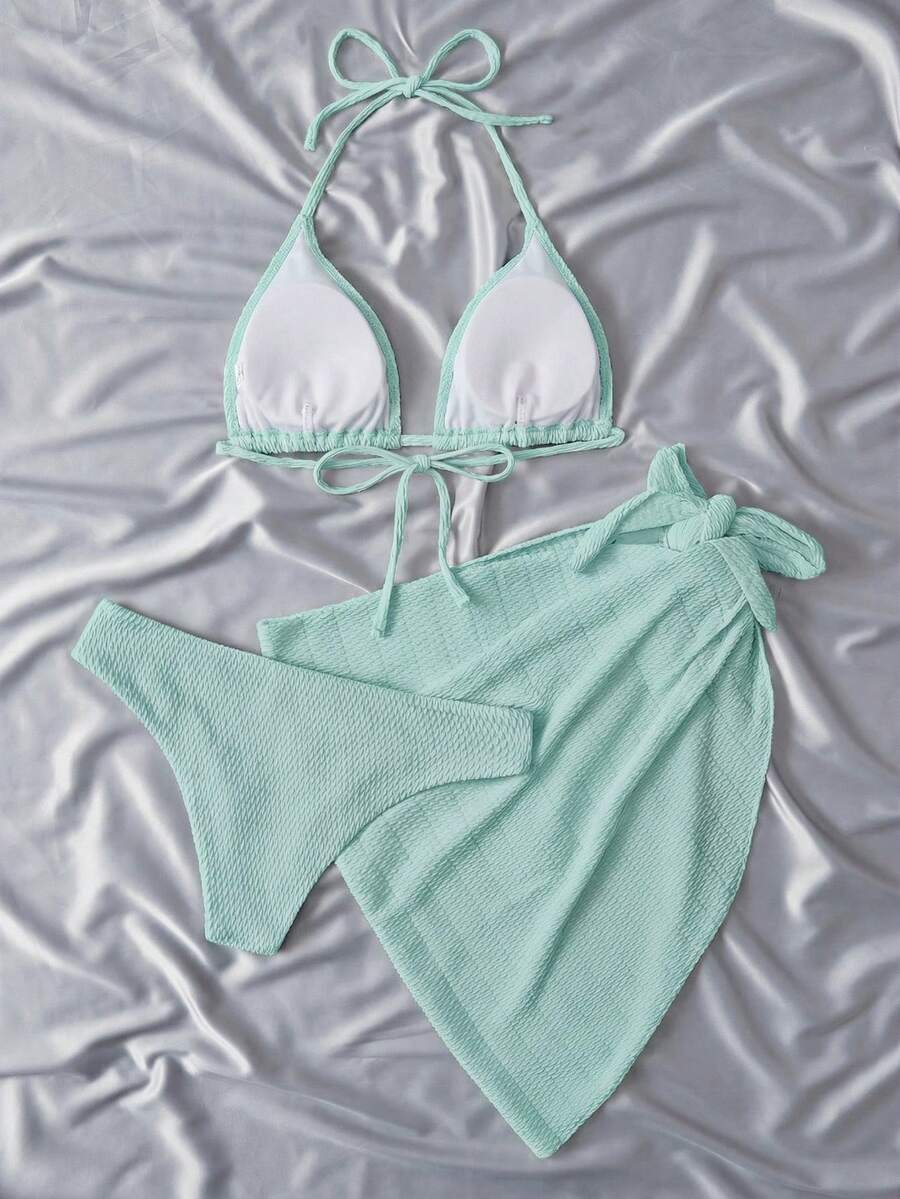 Swim Vcay Summer Beach Plain Halter Triangle Bikini Set With Beach Skirt