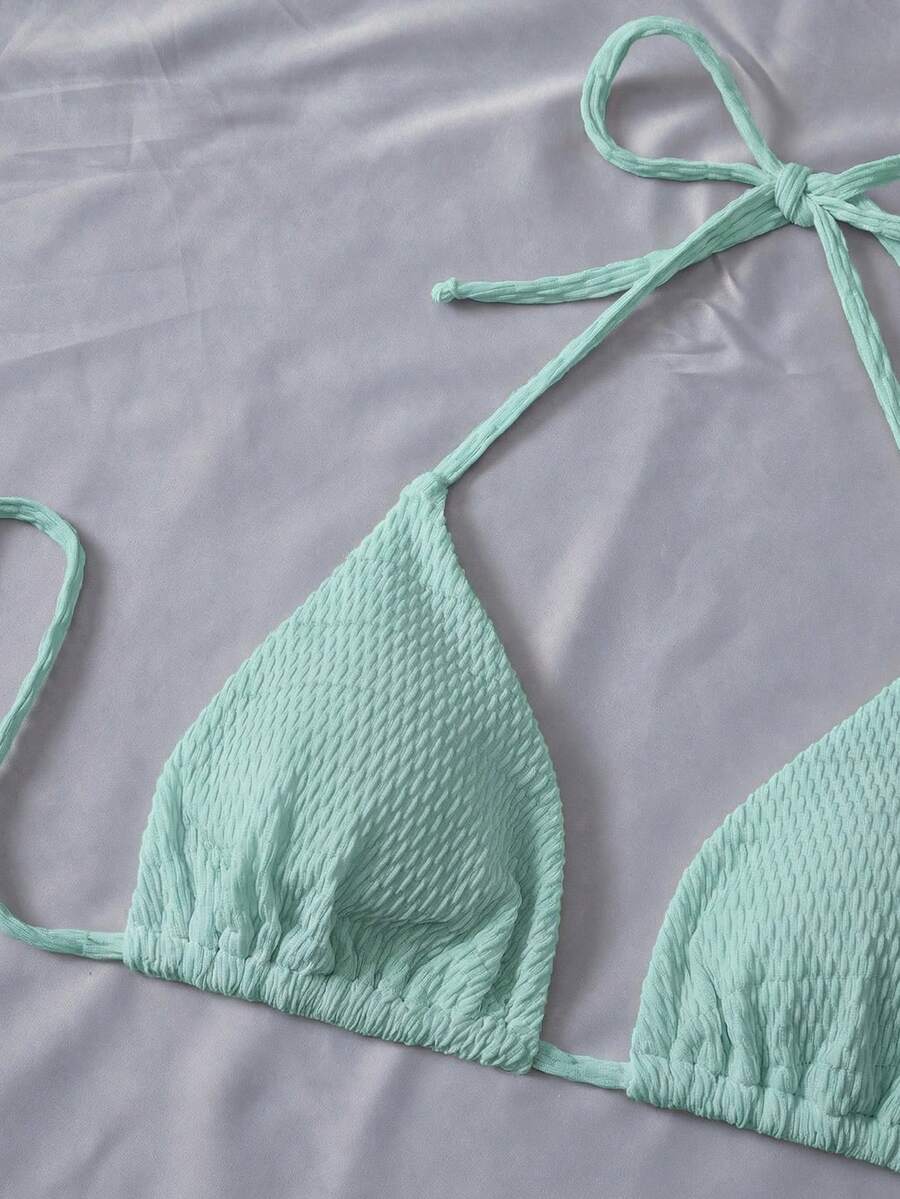 Swim Vcay Summer Beach Plain Halter Triangle Bikini Set With Beach Skirt