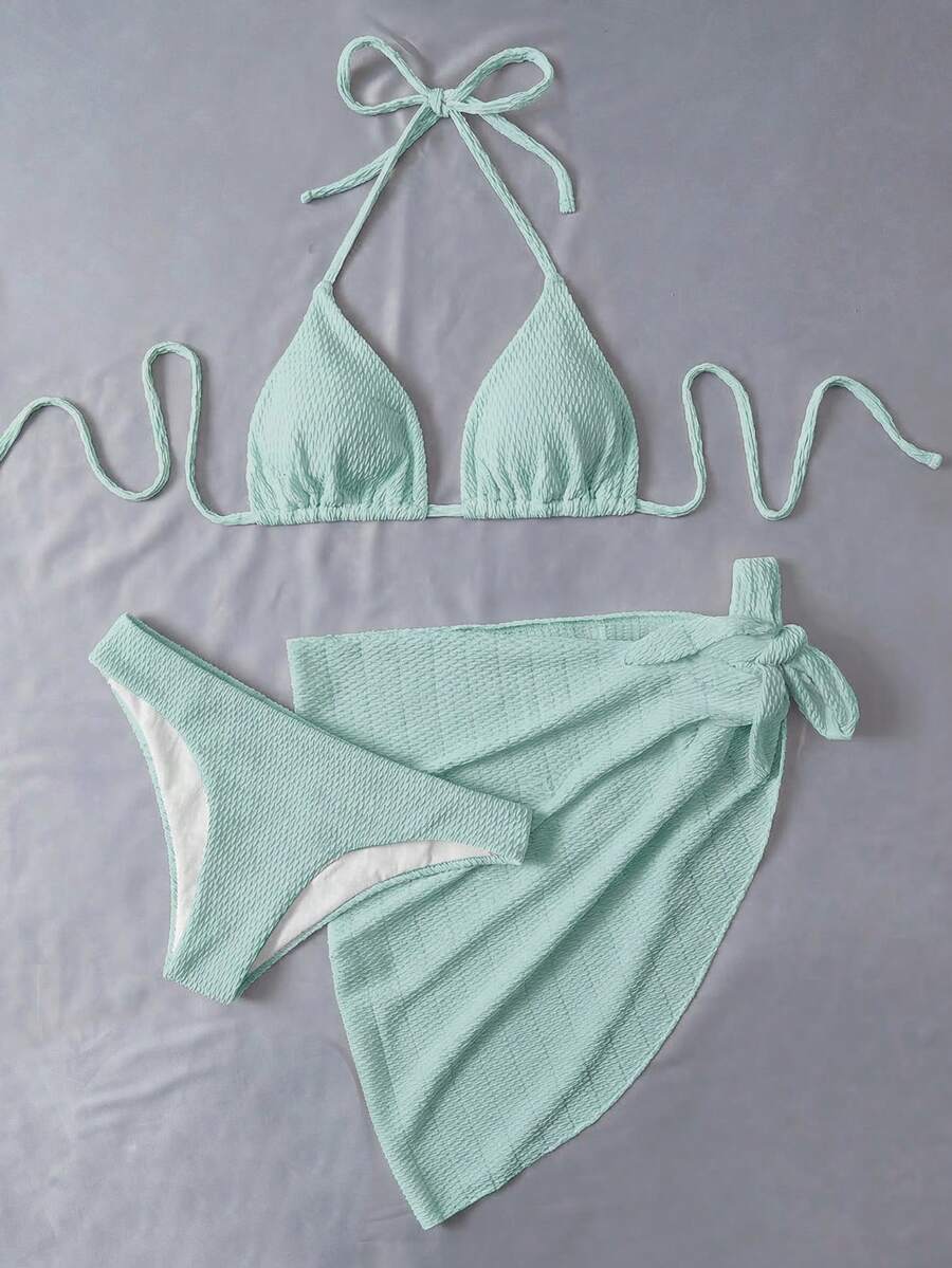 Swim Vcay Summer Beach Plain Halter Triangle Bikini Set With Beach Skirt