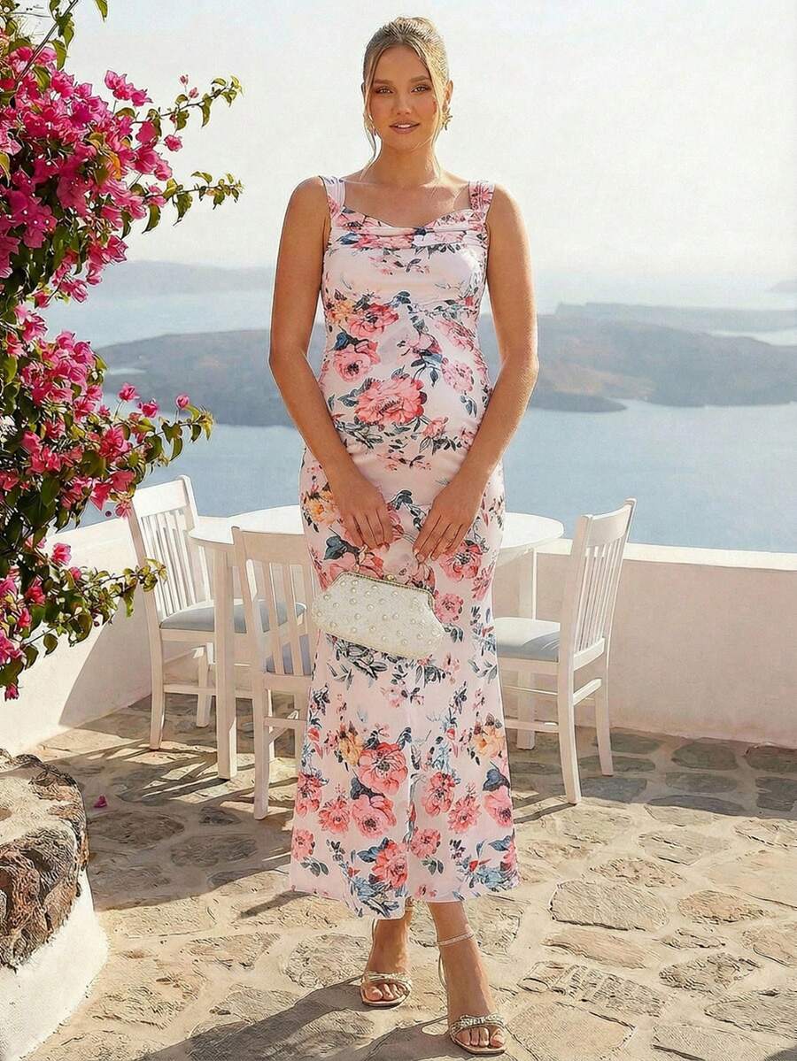 Maternity Floral Print Sweetheart Neck Elegant Sleeveless Bodycon Mermaid Dress for Baby Shower and Gender Reveal