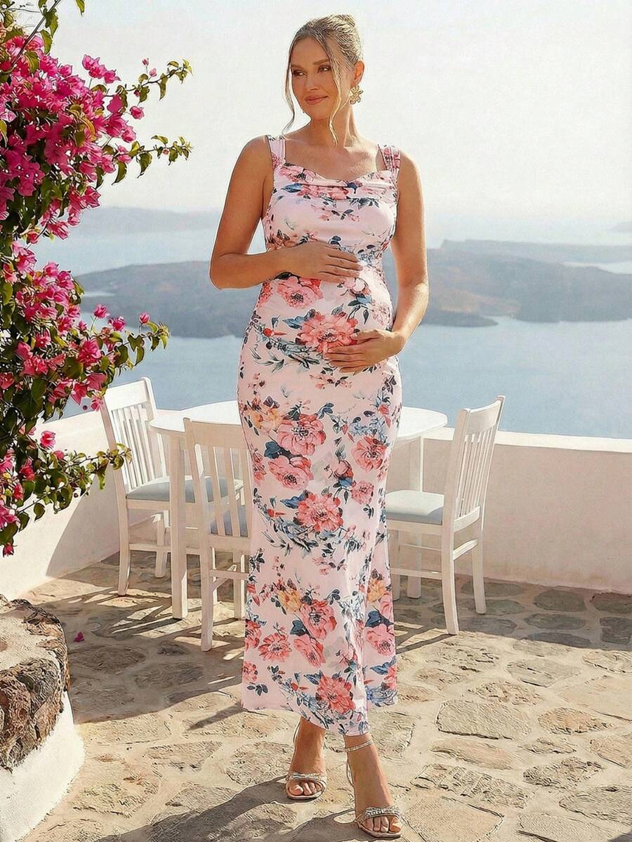 Maternity Floral Print Sweetheart Neck Elegant Sleeveless Bodycon Mermaid Dress for Baby Shower and Gender Reveal