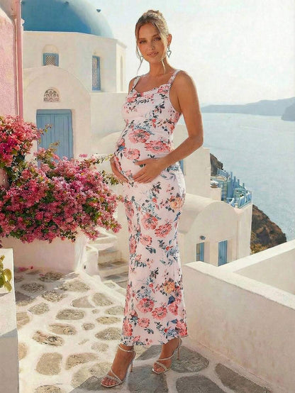 Maternity Floral Print Sweetheart Neck Elegant Sleeveless Bodycon Mermaid Dress for Baby Shower and Gender Reveal