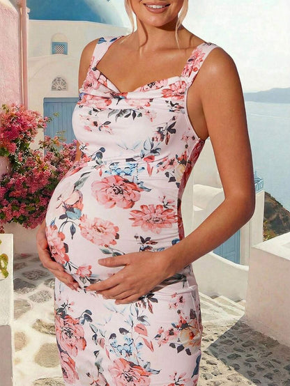 Maternity Floral Print Sweetheart Neck Elegant Sleeveless Bodycon Mermaid Dress for Baby Shower and Gender Reveal