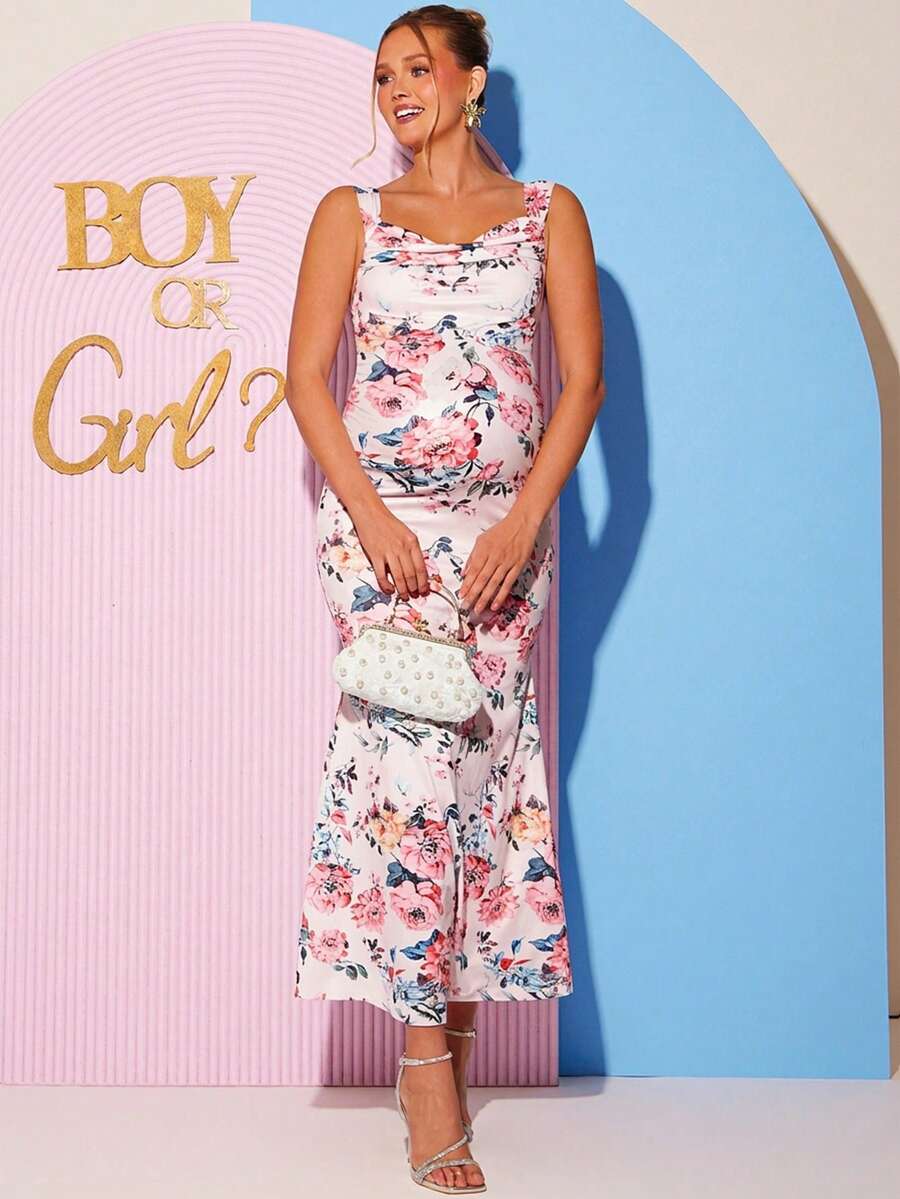 Maternity Floral Print Sweetheart Neck Elegant Sleeveless Bodycon Mermaid Dress for Baby Shower and Gender Reveal