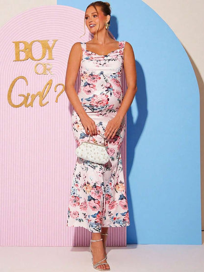 Maternity Floral Print Sweetheart Neck Elegant Sleeveless Bodycon Mermaid Dress for Baby Shower and Gender Reveal