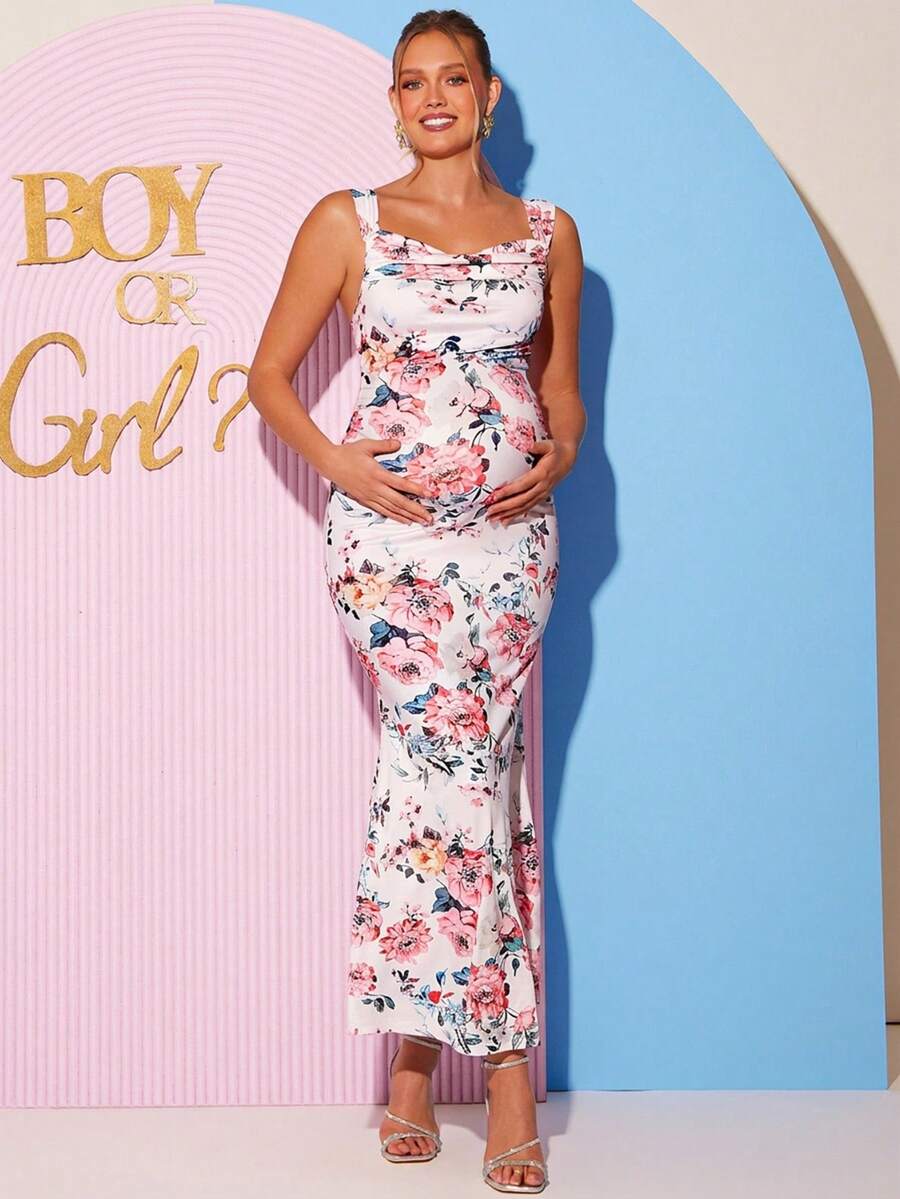 Maternity Floral Print Sweetheart Neck Elegant Sleeveless Bodycon Mermaid Dress for Baby Shower and Gender Reveal