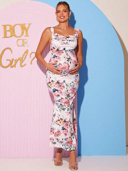 Maternity Floral Print Sweetheart Neck Elegant Sleeveless Bodycon Mermaid Dress for Baby Shower and Gender Reveal