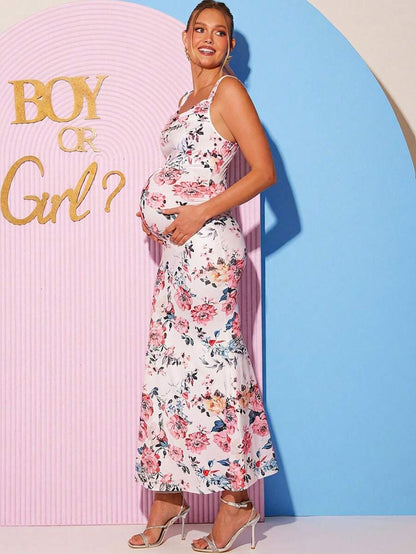 Maternity Floral Print Sweetheart Neck Elegant Sleeveless Bodycon Mermaid Dress for Baby Shower and Gender Reveal