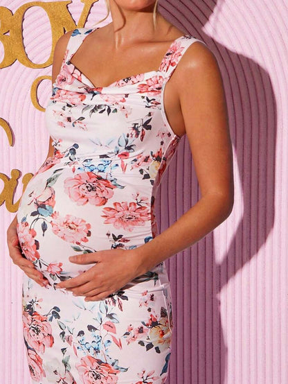 Maternity Floral Print Sweetheart Neck Elegant Sleeveless Bodycon Mermaid Dress for Baby Shower and Gender Reveal