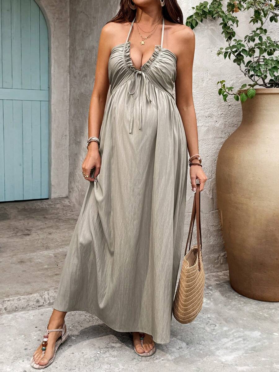 Maternity Solid Color Minimalist Daily Wear Halter Tie Neck Dress Maxi Vacation Dress Boho Maternity Dress Beach Maxi Dress Women Vacation Dress Pregnancy Dress