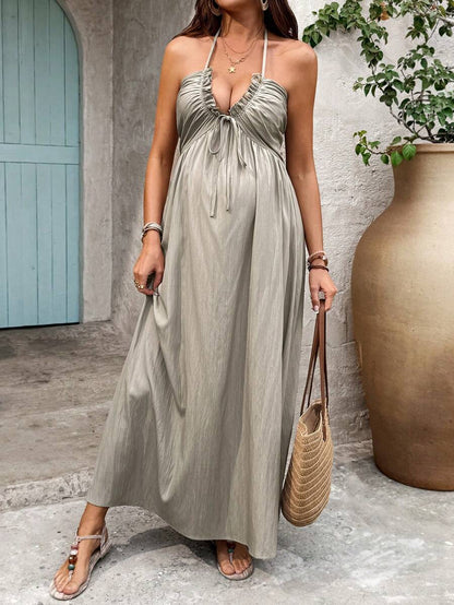 Maternity Solid Color Minimalist Daily Wear Halter Tie Neck Dress Maxi Vacation Dress Boho Maternity Dress Beach Maxi Dress Women Vacation Dress Pregnancy Dress