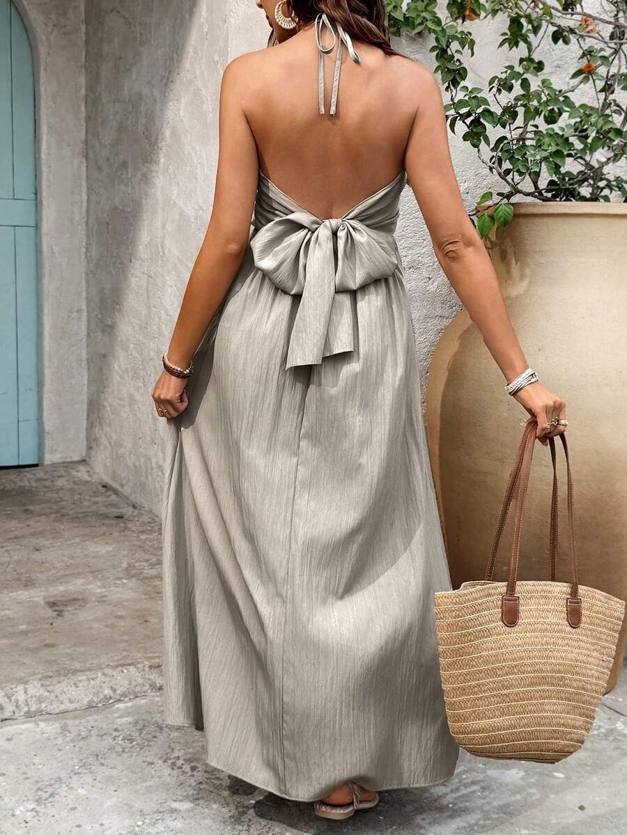 Maternity Solid Color Minimalist Daily Wear Halter Tie Neck Dress Maxi Vacation Dress Boho Maternity Dress Beach Maxi Dress Women Vacation Dress Pregnancy Dress