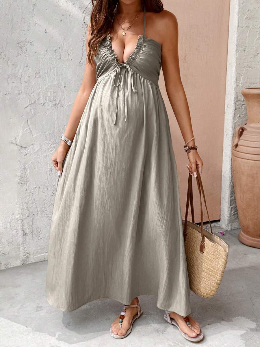 Maternity Solid Color Minimalist Daily Wear Halter Tie Neck Dress Maxi Vacation Dress Boho Maternity Dress Beach Maxi Dress Women Vacation Dress Pregnancy Dress