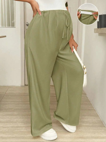Maternity Wide Leg Pants - Drawstring Waist, Loose Fit, Pocket, Army Green