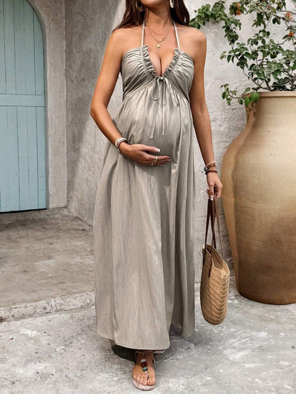 Maternity Solid Color Minimalist Daily Wear Halter Tie Neck Dress Maxi Vacation Dress Boho Maternity Dress Beach Maxi Dress Women Vacation Dress Pregnancy Dress