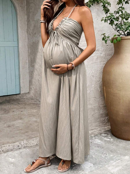 Maternity Solid Color Minimalist Daily Wear Halter Tie Neck Dress Maxi Vacation Dress Boho Maternity Dress Beach Maxi Dress Women Vacation Dress Pregnancy Dress
