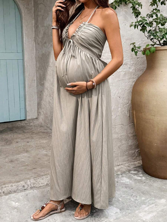 Maternity Solid Color Minimalist Daily Wear Halter Tie Neck Dress Maxi Vacation Dress Boho Maternity Dress Beach Maxi Dress Women Vacation Dress Pregnancy Dress