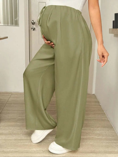 Maternity Wide Leg Pants - Drawstring Waist, Loose Fit, Pocket, Army Green