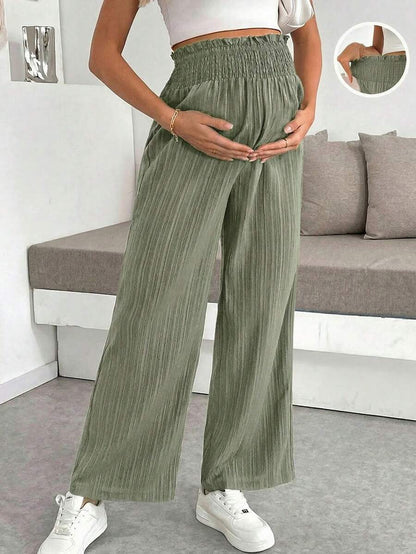 Maternity Wide Leg Textured Pants in Black High Waist Loose Fit Summer Beach Flowy Trousers for Women