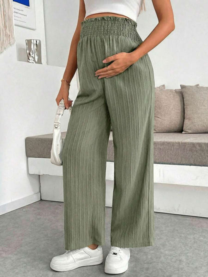 Maternity Wide Leg Pants - Shirred Waist, Loose Fit, Ultra High Waist, Apricot