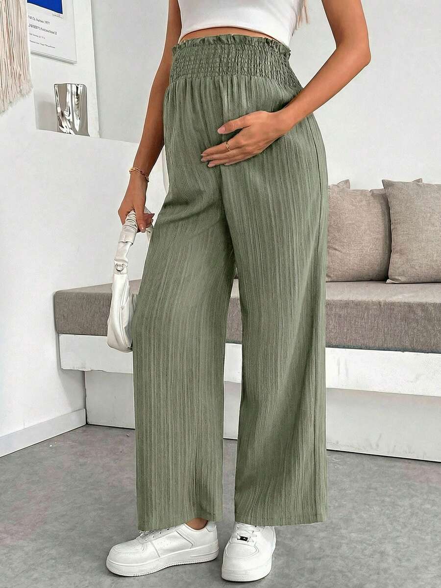 Maternity Paper Bag Waist Pants - Shirred, Wide Leg, Loose Fit, Navy Blue