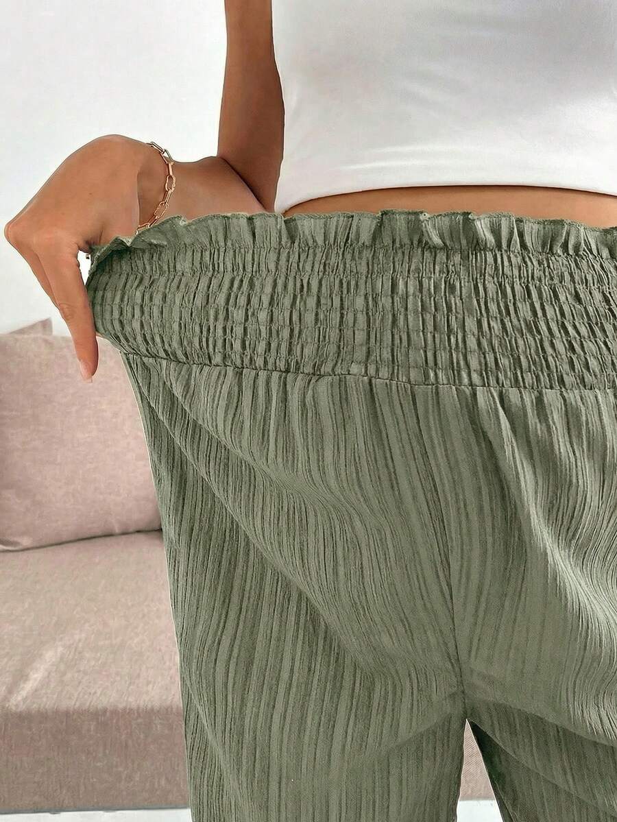 Maternity Wide Leg Textured Pants in Black High Waist Loose Fit Summer Beach Flowy Trousers for Women