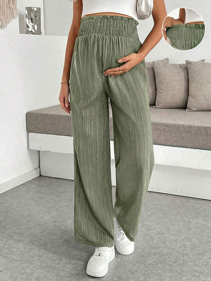 Maternity Wide Leg Textured Pants in Black High Waist Loose Fit Summer Beach Flowy Trousers for Women