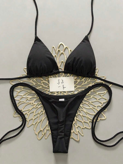 Swim Vcay 2pcs Women Apricot Bikini Swimwear Set, Handmade Rope Decor Swimwear Bikini Sets For Women Rouche Bathing Suit Bikini Alt