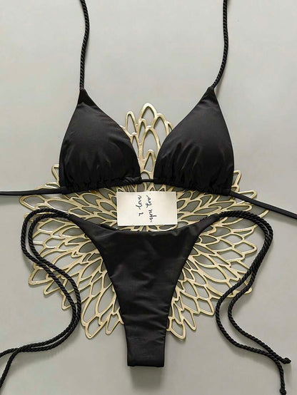 Swim Vcay 2pcs Women Apricot Bikini Swimwear Set, Handmade Rope Decor Swimwear Bikini Sets For Women Rouche Bathing Suit Bikini Alt