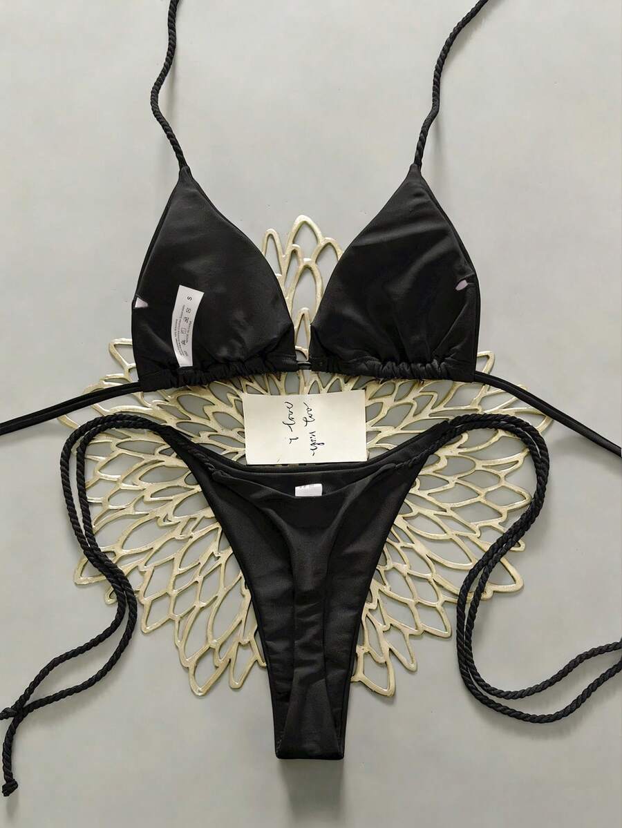 Swim Vcay 2pcs Women Apricot Bikini Swimwear Set, Handmade Rope Decor Swimwear Bikini Sets For Women Rouche Bathing Suit Bikini Alt