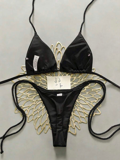 Swim Vcay 2pcs Women Apricot Bikini Swimwear Set, Handmade Rope Decor Swimwear Bikini Sets For Women Rouche Bathing Suit Bikini Alt
