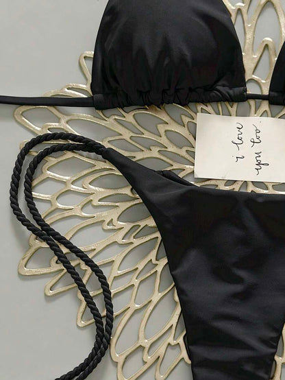 Swim Vcay 2pcs Women Apricot Bikini Swimwear Set, Handmade Rope Decor Swimwear Bikini Sets For Women Rouche Bathing Suit Bikini Alt