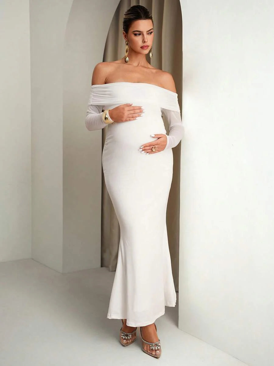 Maternity Off Shoulder Ruched Hem Dress Solid Color Slim Fit Pregnancy Gown for Baby Shower Gender Reveal Party Wedding Guest Summer