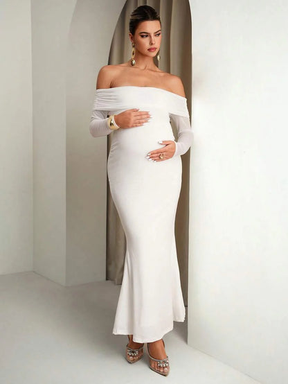 Maternity Off Shoulder Ruched Hem Dress Solid Color Slim Fit Pregnancy Gown for Baby Shower Gender Reveal Party Wedding Guest Summer