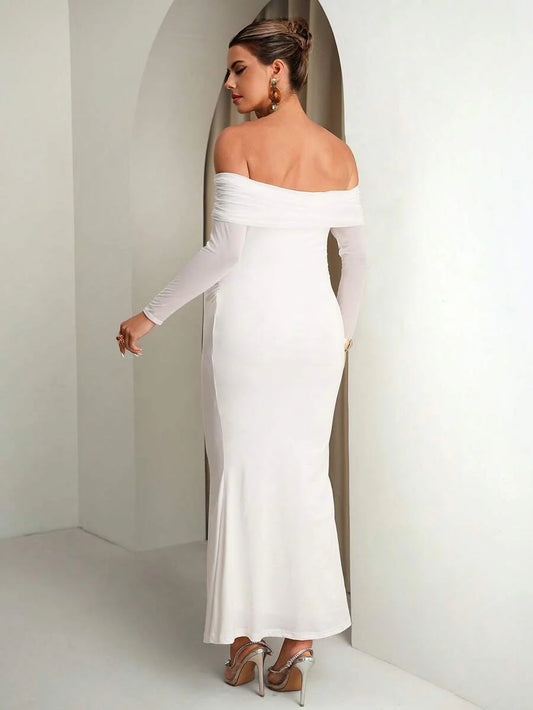 Maternity Off Shoulder Ruched Hem Dress Solid Color Slim Fit Pregnancy Gown for Baby Shower Gender Reveal Party Wedding Guest Summer