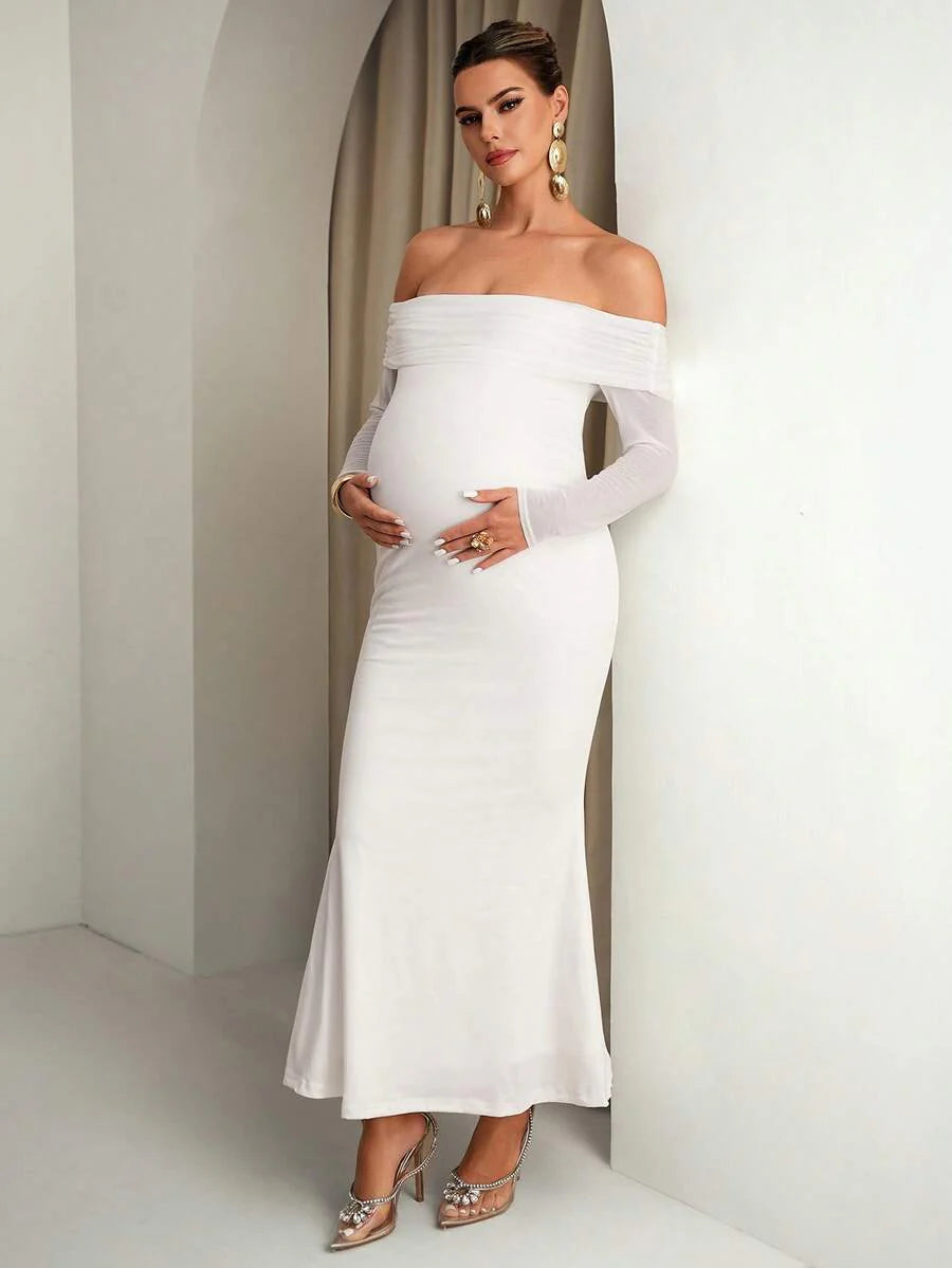 Maternity Off Shoulder Ruched Hem Dress Solid Color Slim Fit Pregnancy Gown for Baby Shower Gender Reveal Party Wedding Guest Summer