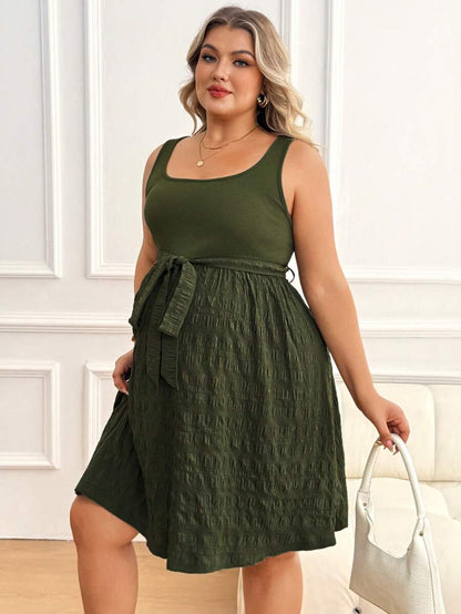 Maternity Square Neck Sleeveless Belted Long Maxi Dress - Green Plant Print Loose Fit Summer Vacation Knit Sundress