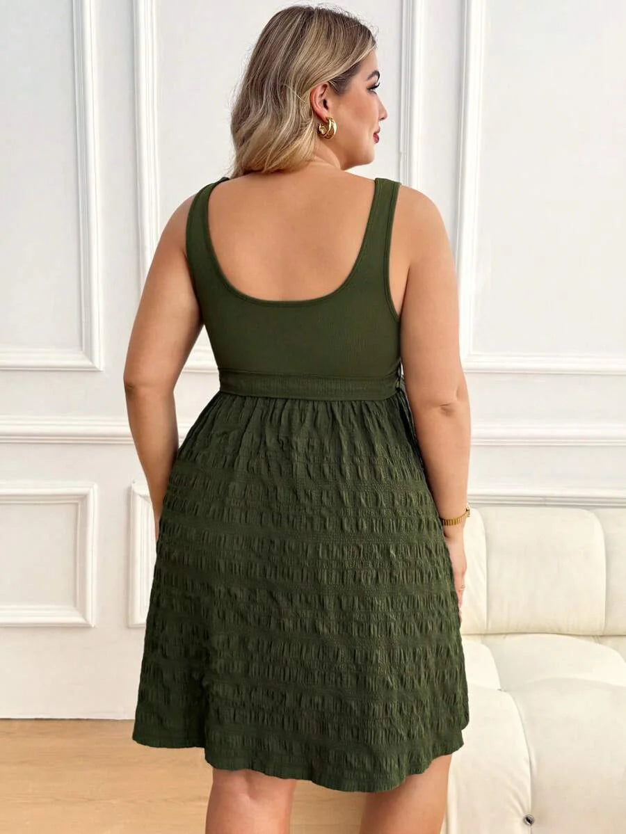 Maternity Square Neck Sleeveless Belted Long Maxi Dress - Green Plant Print Loose Fit Summer Vacation Knit Sundress