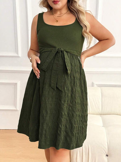 Maternity Square Neck Sleeveless Belted Long Maxi Dress - Green Plant Print Loose Fit Summer Vacation Knit Sundress