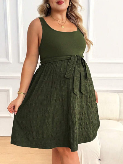 Maternity Square Neck Sleeveless Belted Long Maxi Dress - Green Plant Print Loose Fit Summer Vacation Knit Sundress
