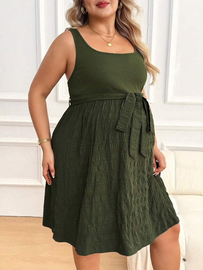 Maternity Square Neck Sleeveless Belted Long Maxi Dress - Green Plant Print Loose Fit Summer Vacation Knit Sundress
