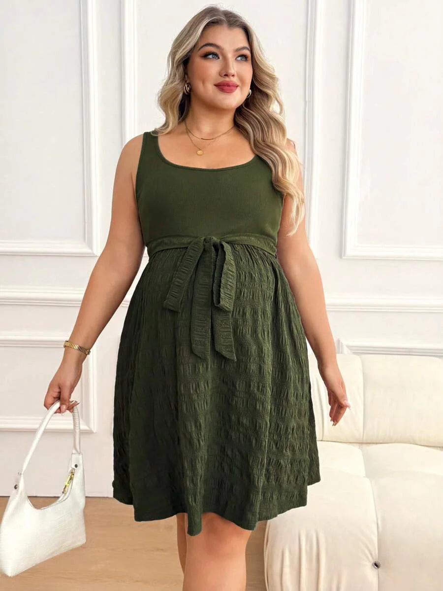 Maternity Square Neck Sleeveless Belted Long Maxi Dress - Green Plant Print Loose Fit Summer Vacation Knit Sundress