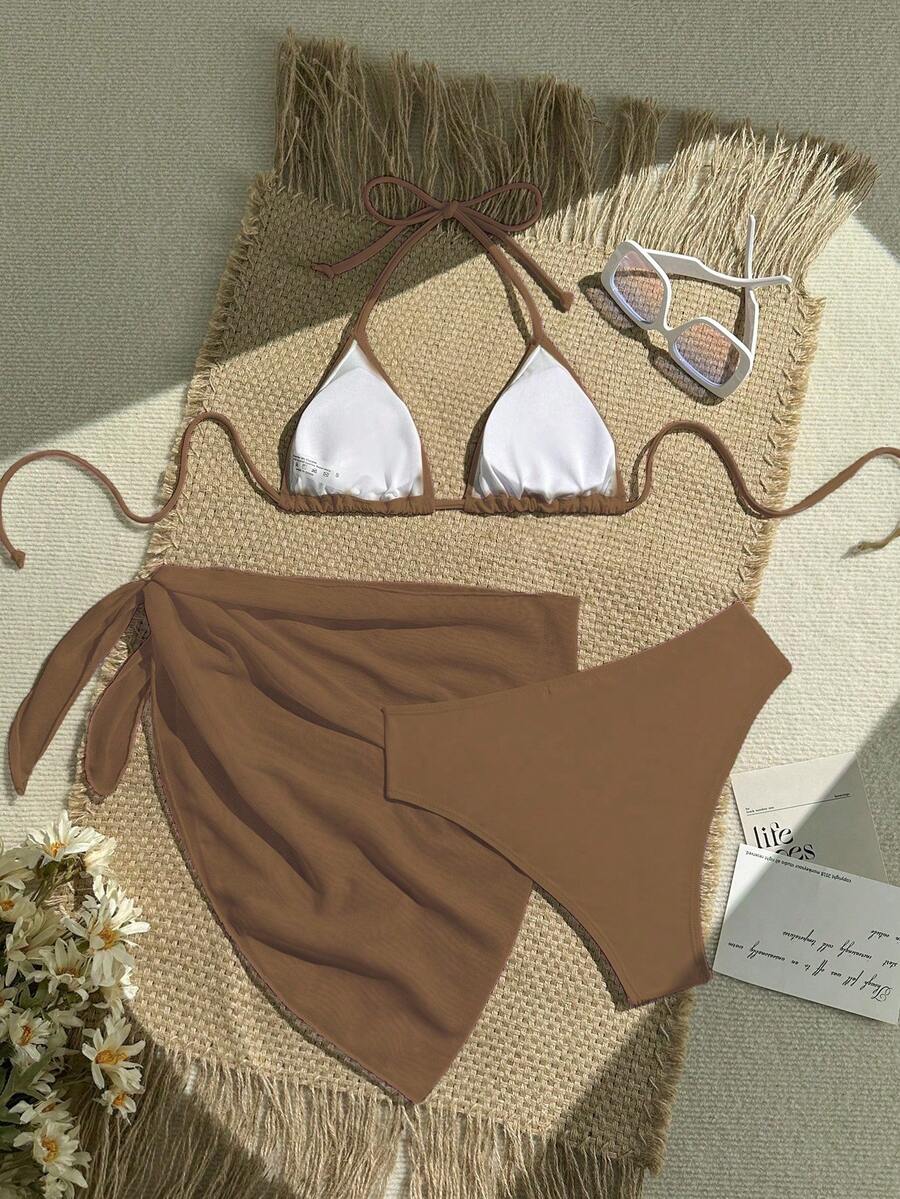Women's 3-Piece Solid Halter Bikini Set - Knot Detail, Skirt Cover-Up, Triangle Cup, Red