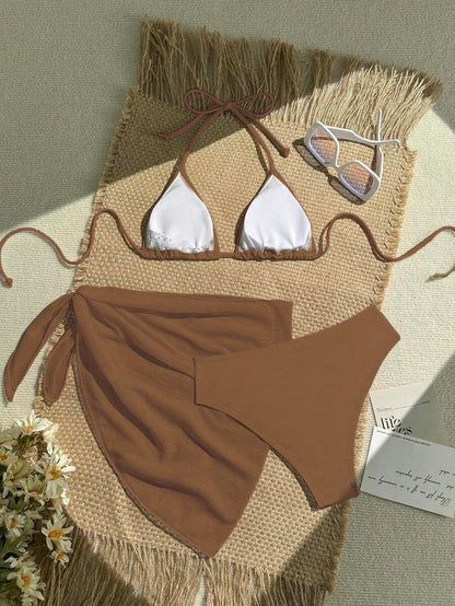 Women's 3-Piece Solid Halter Bikini Set - Knot Detail, Skirt Cover-Up, Triangle Cup, Red