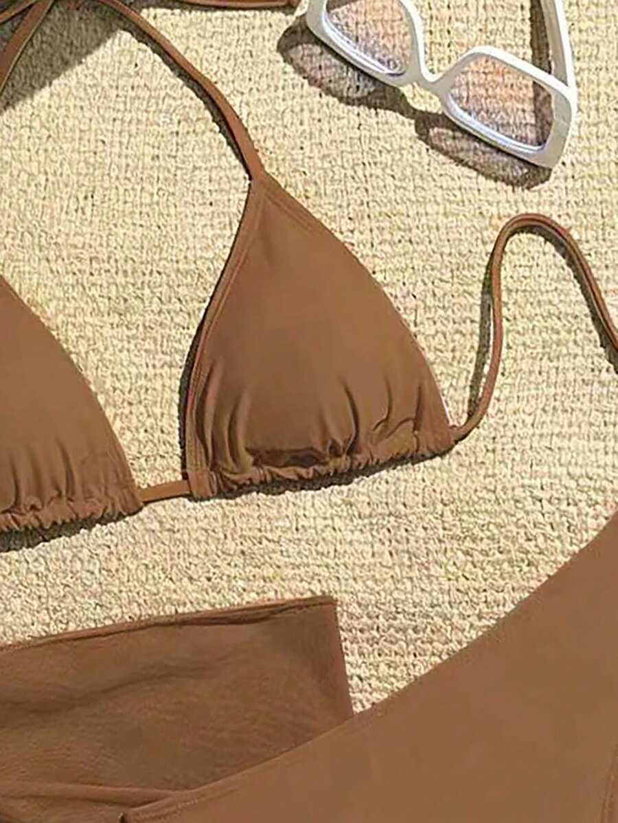 Women's 3-Piece Solid Halter Bikini Set - Knot Detail, Skirt Cover-Up, Triangle Cup, Red
