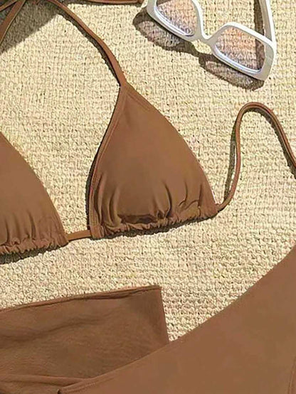 Women's 3-Piece Solid Halter Bikini Set - Knot Detail, Skirt Cover-Up, Triangle Cup, Red