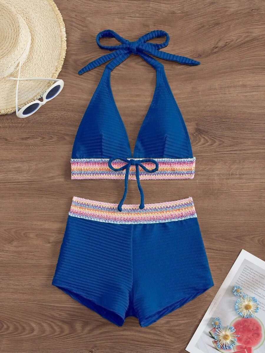 Women's 2-Piece Lace-Up Bikini Set - Twist Halter, Tie Back, High Waist Shorts, Mint Green