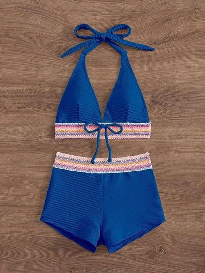 Women's 2-Piece Lace-Up Bikini Set - Twist Halter, Tie Back, High Waist Shorts, Mint Green