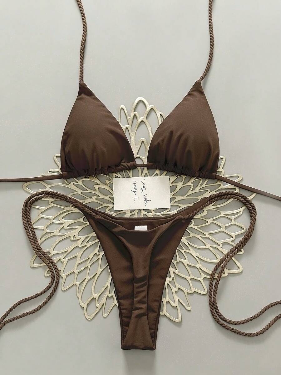 Swim Vcay 2pcs Women Apricot Bikini Swimwear Set, Handmade Rope Decor Swimwear Bikini Sets For Women Rouche Bathing Suit Bikini Alt