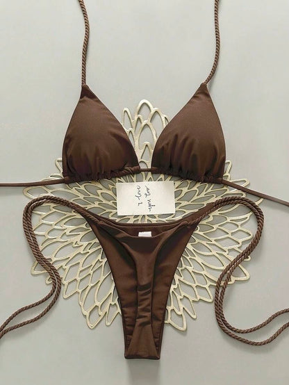 Swim Vcay 2pcs Women Apricot Bikini Swimwear Set, Handmade Rope Decor Swimwear Bikini Sets For Women Rouche Bathing Suit Bikini Alt